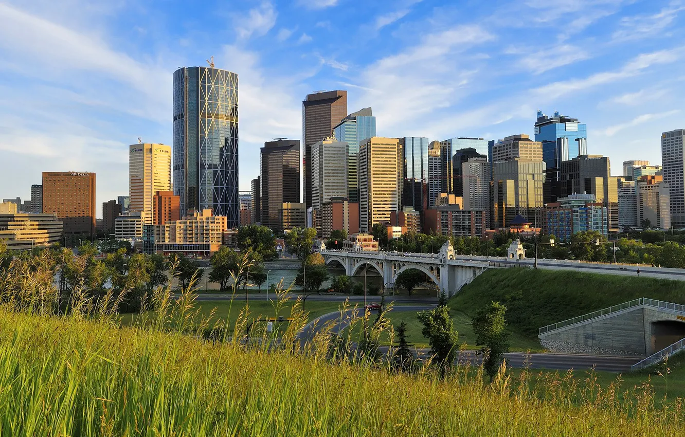 Photo wallpaper the sky, grass, clouds, landscape, bridge, home