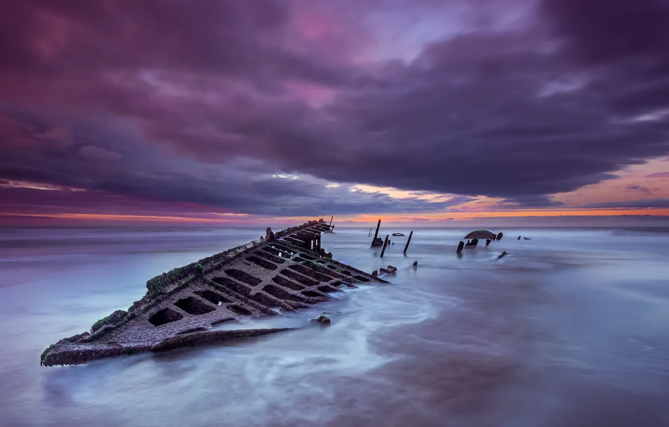 Photo wallpaper sea, sunset, ship