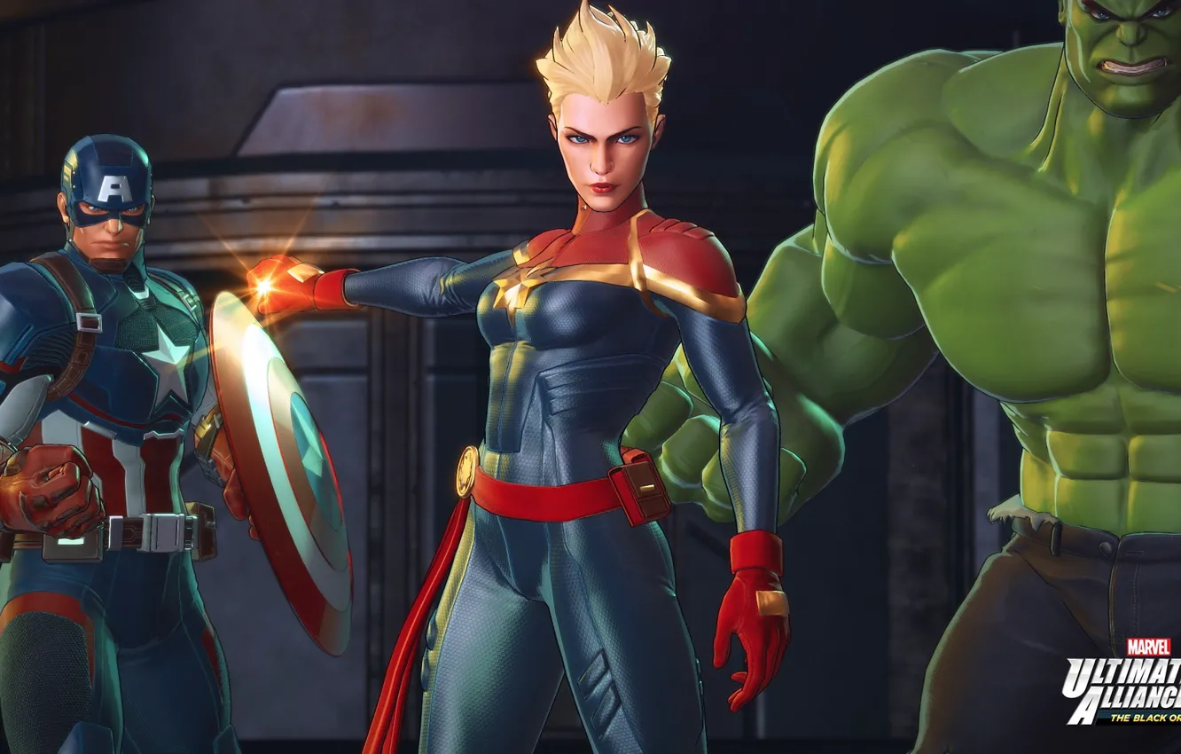 Photo wallpaper Hulk, Captain America, Captain Marvel, the black order, marvel ultimate alliance 3