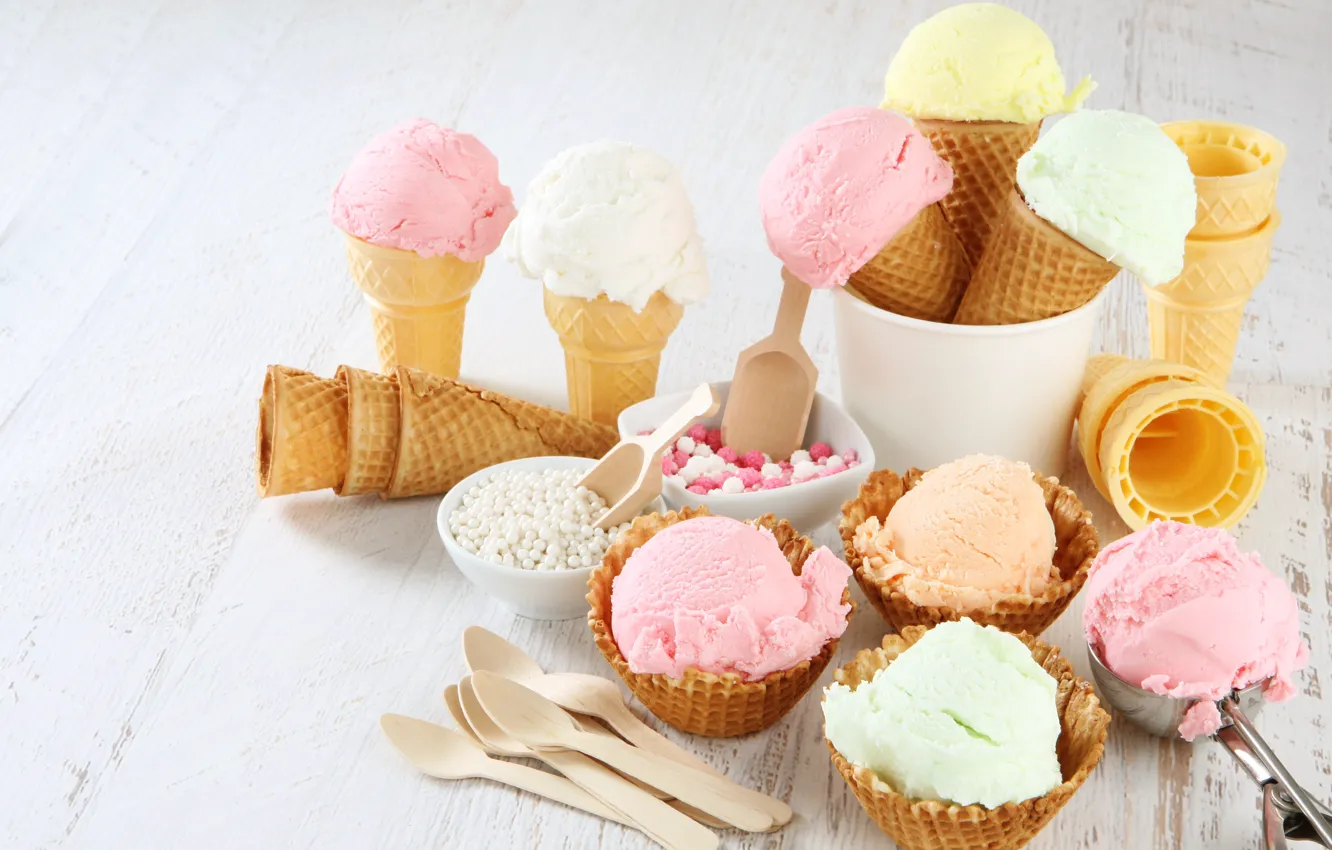 Photo wallpaper strawberry, ice cream, waffles, strawberry, dessert, ice cream, wafer
