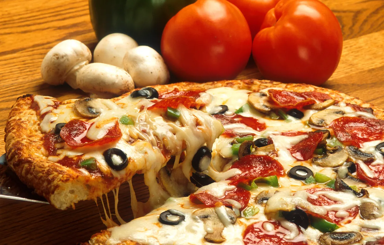 Photo wallpaper mushrooms, food, cheese, food, pizza, tomatoes, olives, pizza