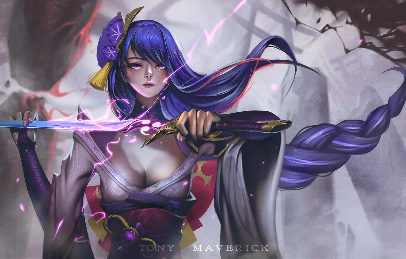 Photo wallpaper girl, lightning, sword, Genshin Impact, Raiden Shogun, by Tony Maverick