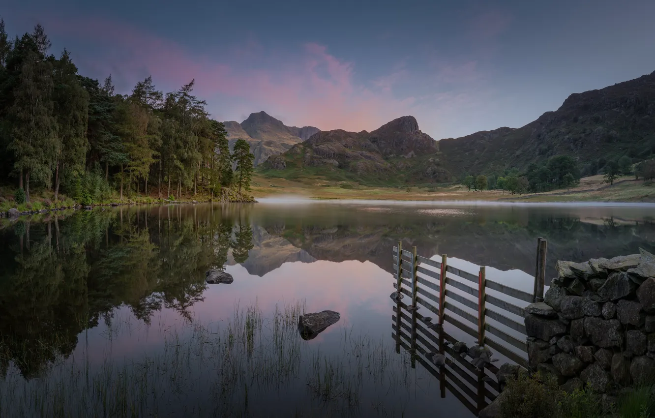 Photo wallpaper forest, mountains, lake, reflection, stones, overcast, shore, the fence