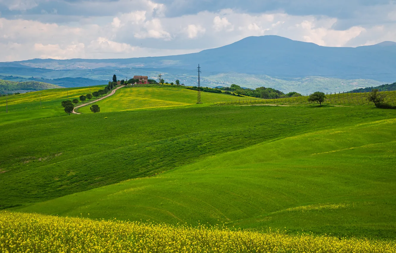 Photo wallpaper road, greens, clouds, mountains, hills, dal, slope, haze
