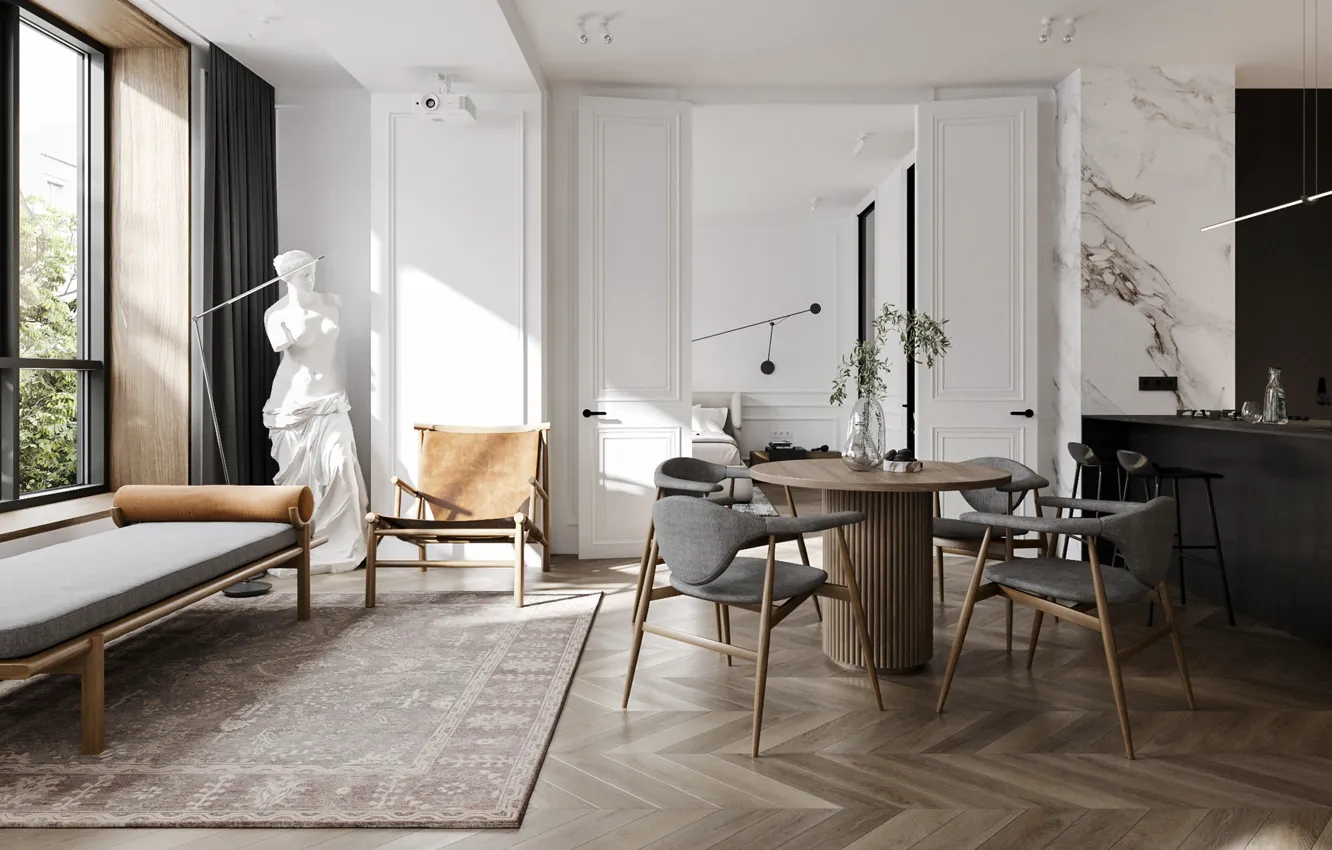 Photo wallpaper design, style, interior, living room, dining room, Granville Apartment, by Cartelle Design