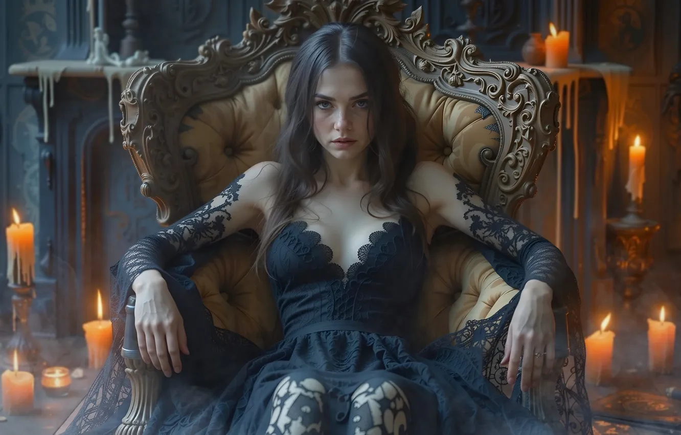 Photo wallpaper chest, look, girl, pose, the dark background, room, portrait, chair