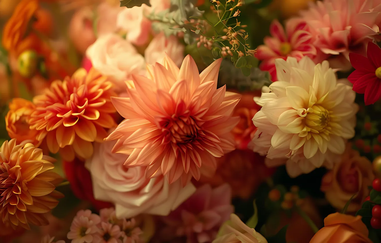 Photo wallpaper macro, flowers, orange, roses, bouquet, pink, white, dahlias