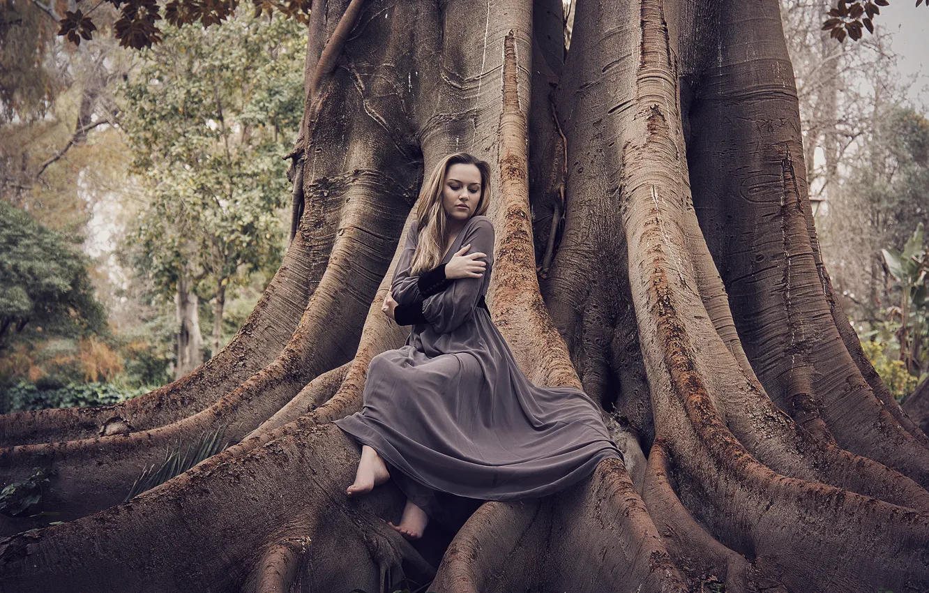 Photo wallpaper girl, nature, tree, dress, sitting, Kateryna