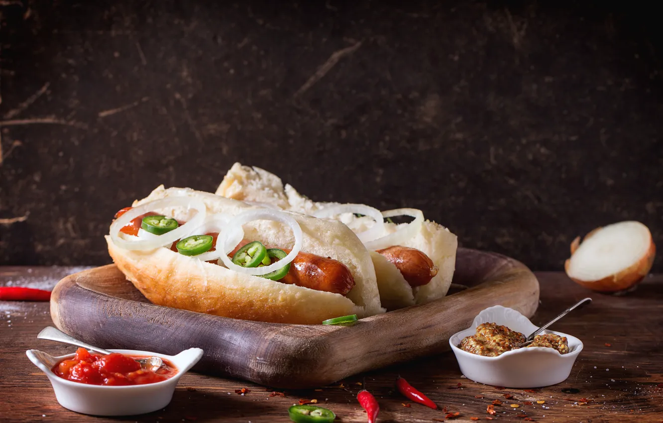 Photo wallpaper sausage, sauce, hot dog, buns, mustard sauce