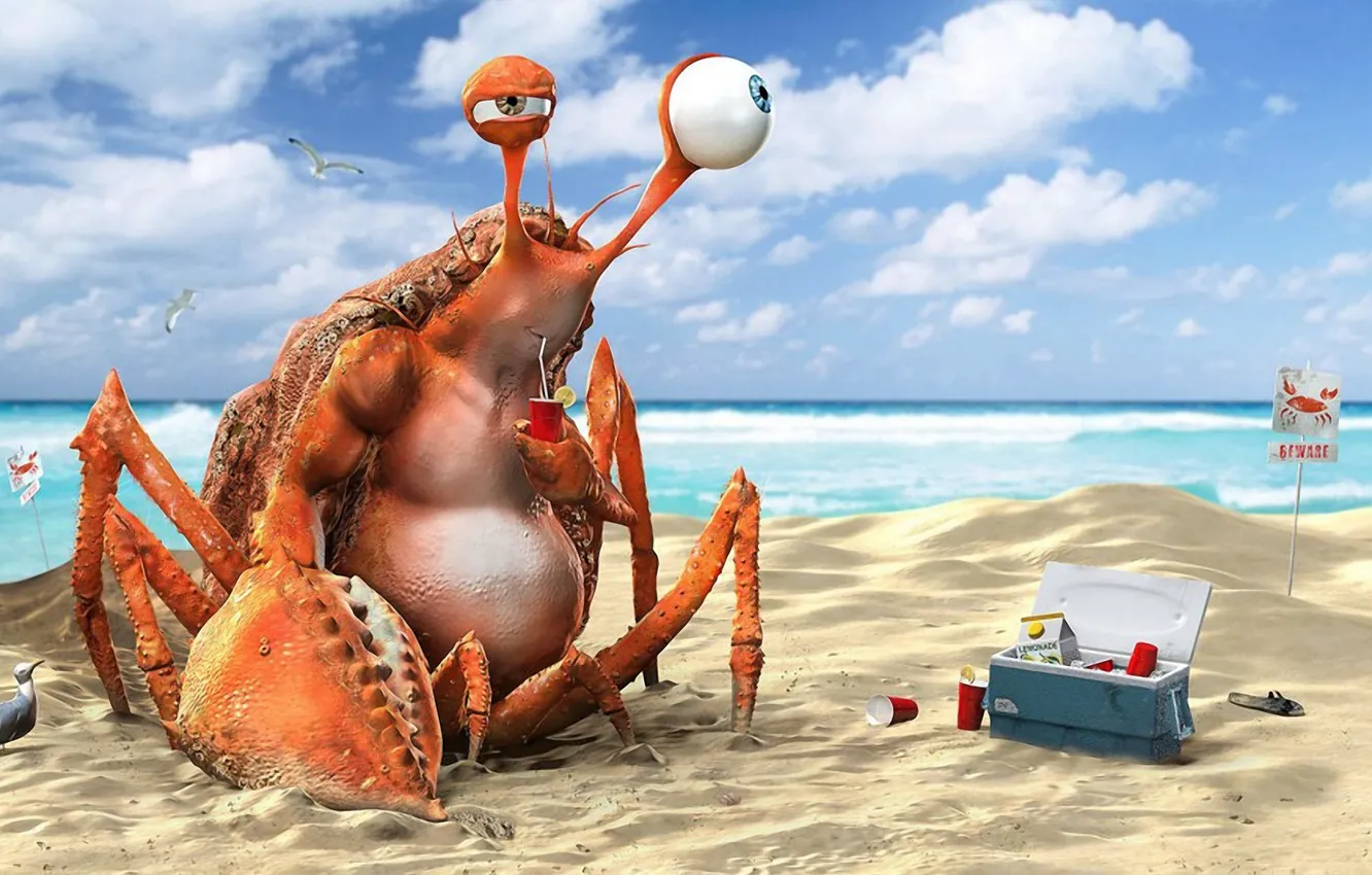 Photo wallpaper beach, water, the ocean, crab, drink, lemonade, funny, 3d art