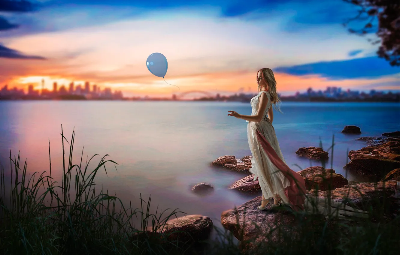 Photo wallpaper the sky, grass, girl, sunset, mood, shore, pond, a balloon