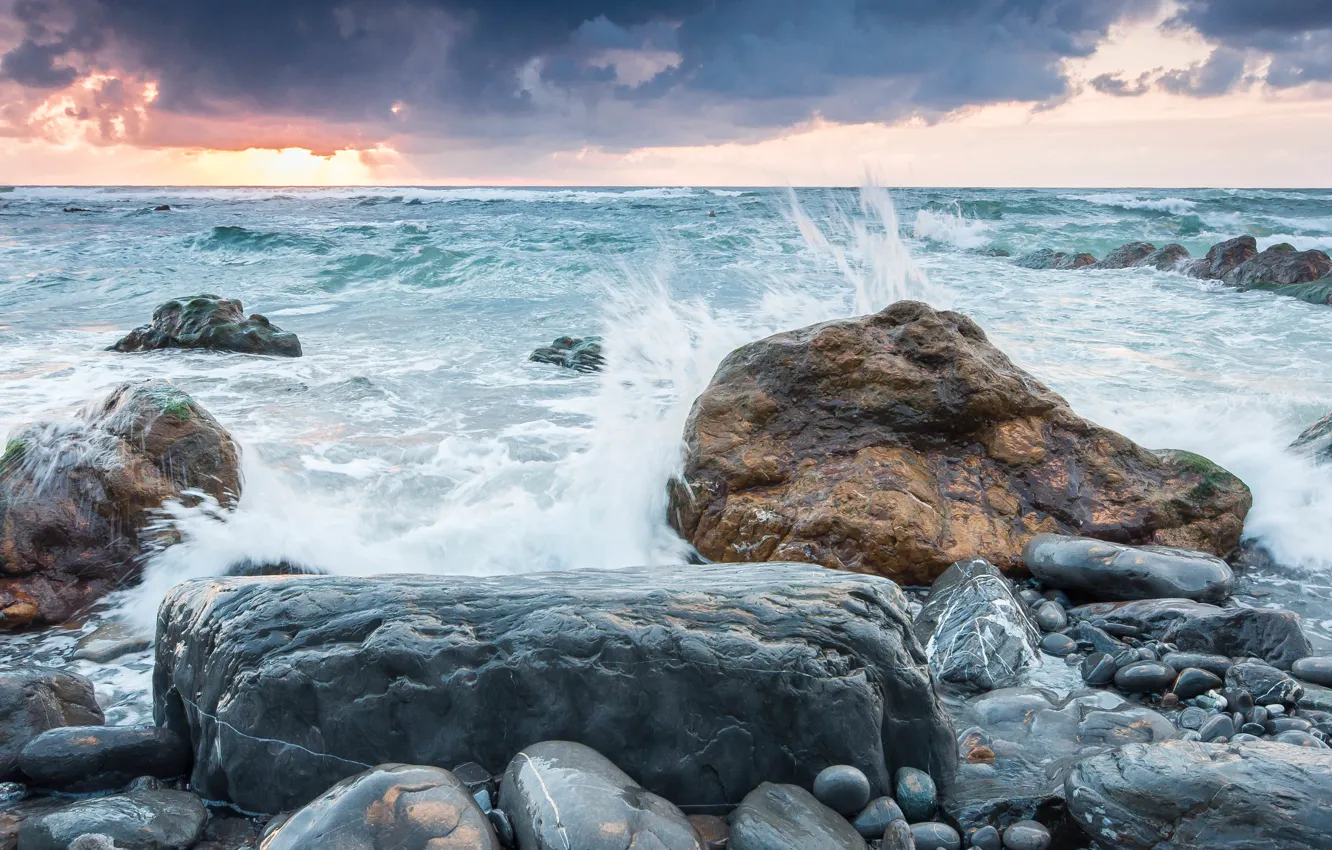 Photo wallpaper sea, the sky, sunset, squirt, clouds, storm, nature, stones