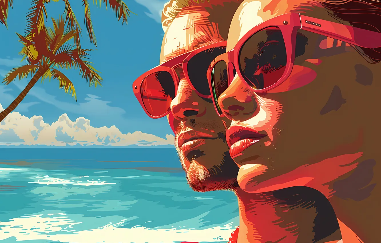 Photo wallpaper sea, girl, clouds, style, retro, palm trees, glasses, Hawaii