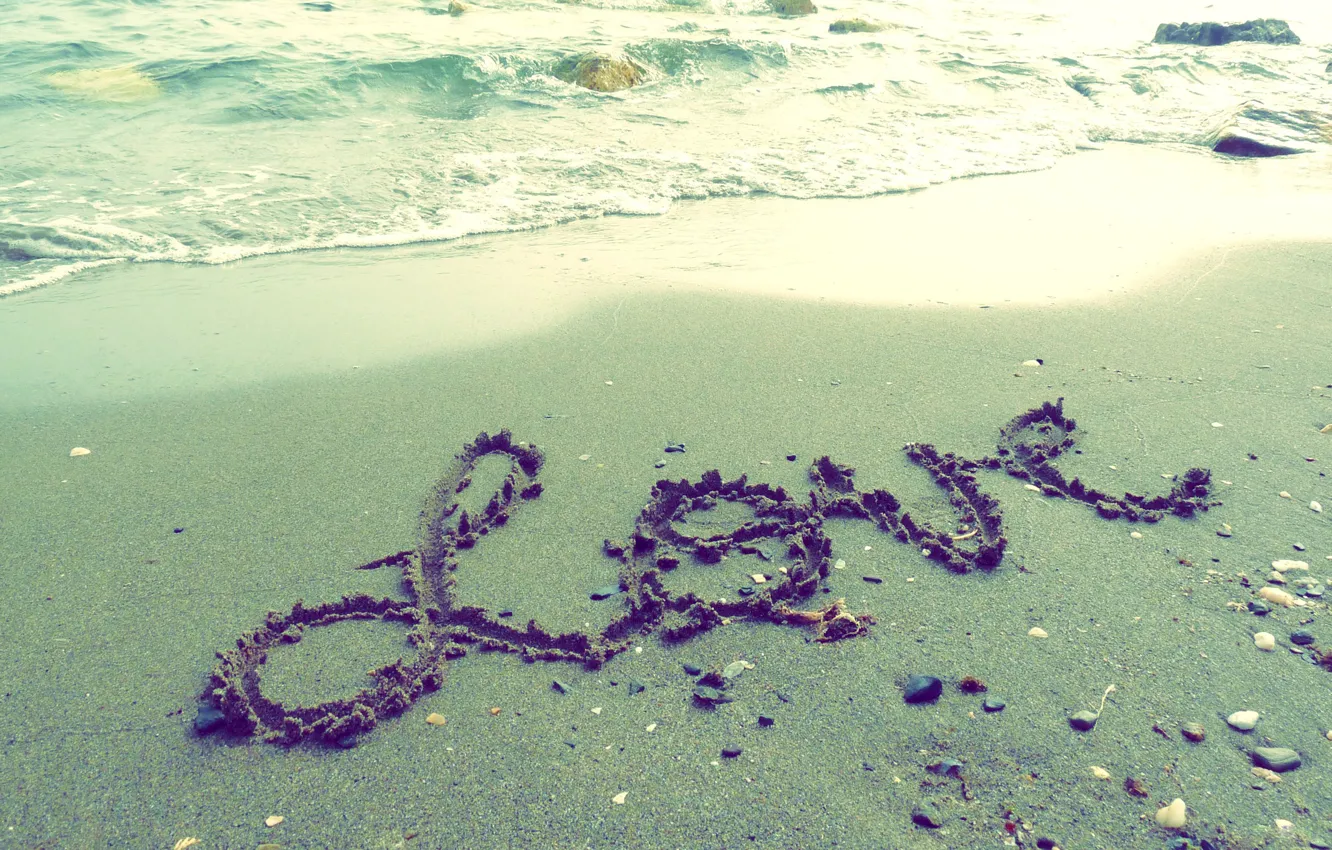 Photo wallpaper sand, wave, beach, love, the inscription, love