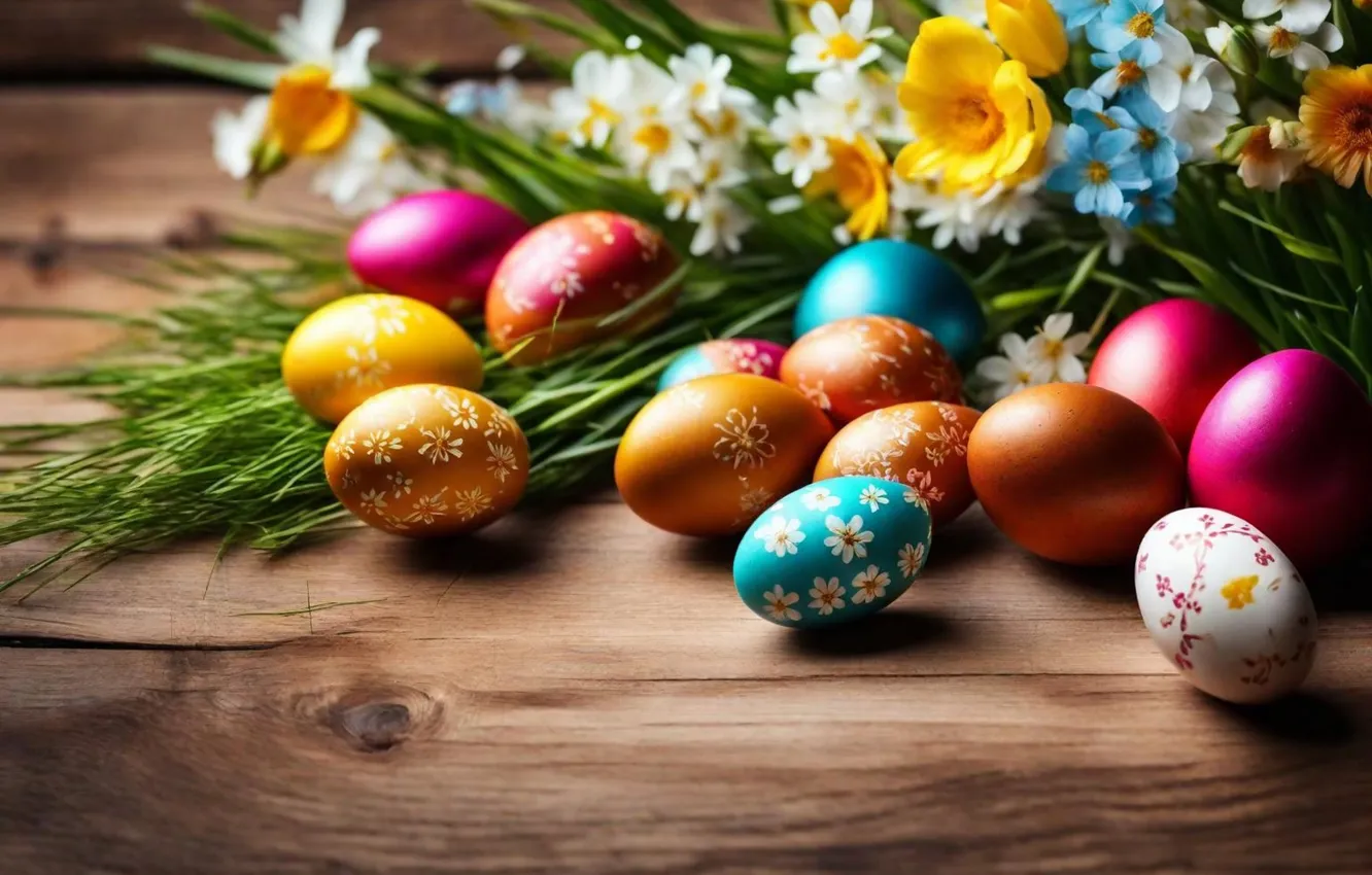 Photo wallpaper flowers, eggs, spring, colorful, Easter, flowers, spring, Easter