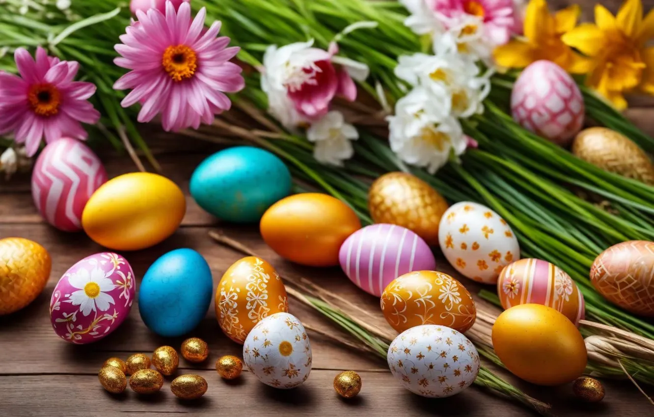 Photo wallpaper flowers, eggs, spring, colorful, Easter, happy, flowers, spring