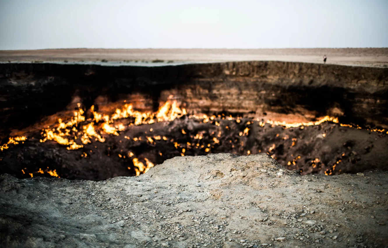 Photo wallpaper the sky, fire, desert, people, horizon, edge, gas, Turkmenistan