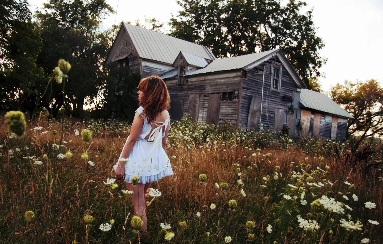 Photo wallpaper field, girl, home