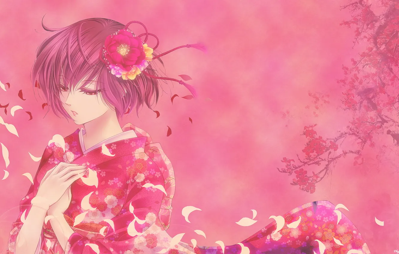 Photo wallpaper girl, flowers, the wind, pink, petals, Sakura, kimono