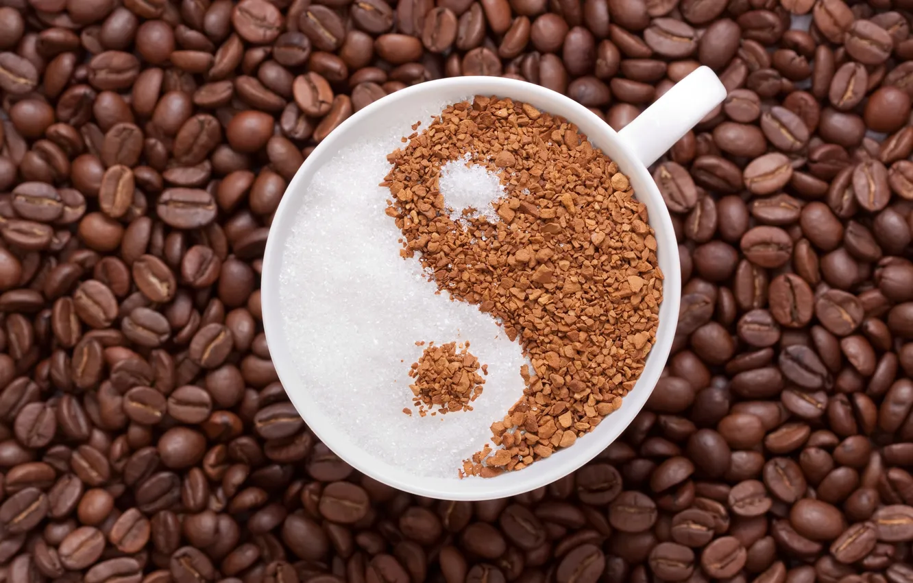 Photo wallpaper coffee, grain, Cup, sugar, Yin-Yang, granules