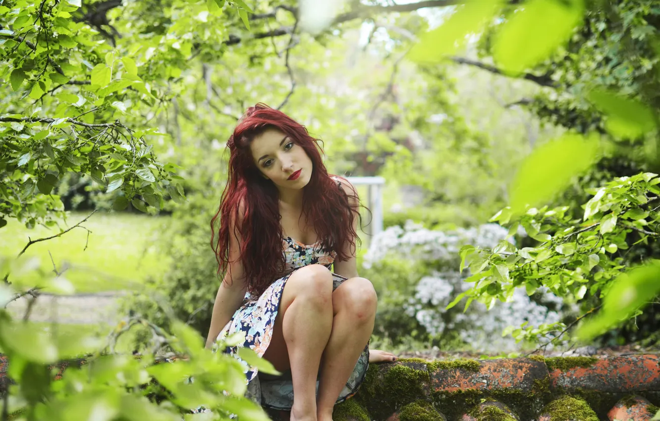Photo wallpaper nature, stones, dress, redhead