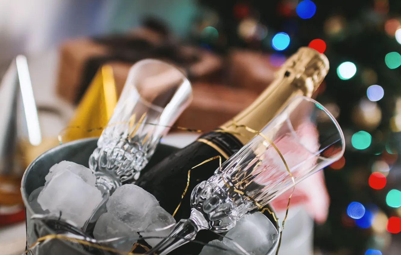 Photo wallpaper ice, glass, new year, ice, champagne, glasses, champagne