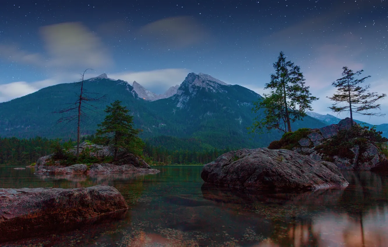 Photo wallpaper forest, night, lake, stones, shore, Germany, ate, Bayern
