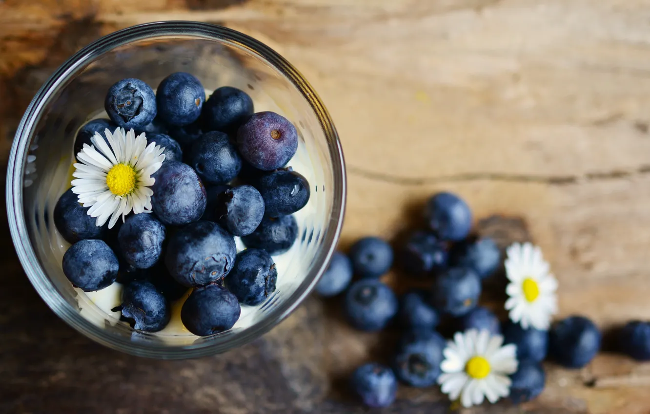 Photo wallpaper blue, berries, chamomile, blueberries