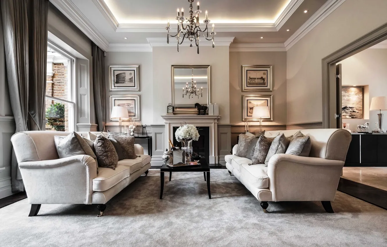 Photo wallpaper room, furniture, interior, mirror, chandelier, fireplace, living room