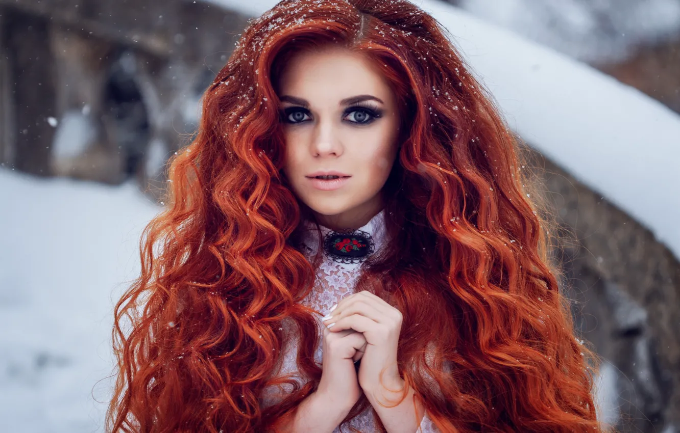 Photo wallpaper look, girl, snow, portrait, hands, red, redhead, long hair