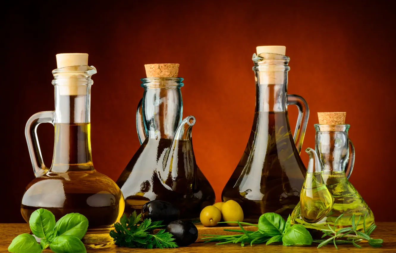 Photo wallpaper greens, olives, olive oil, herbs, olives, olive oil