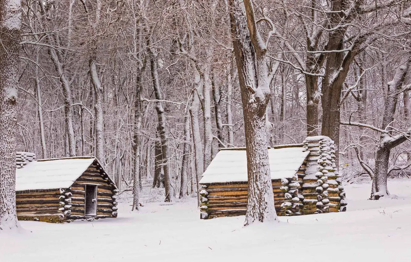 Photo wallpaper winter, snow, USA, hut, PA, National historical Park valley forge