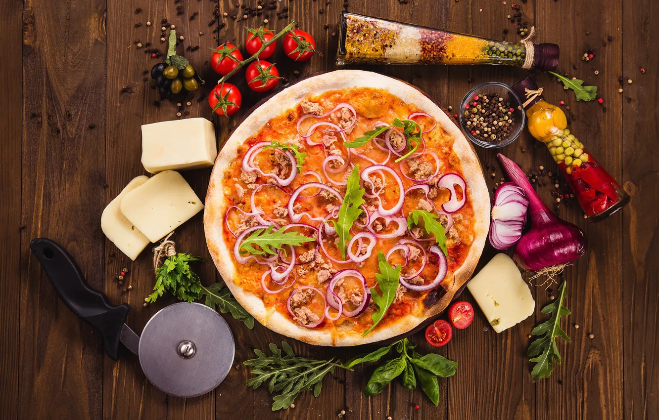 Photo wallpaper greens, cheese, vegetables, pizza, tomatoes, spices
