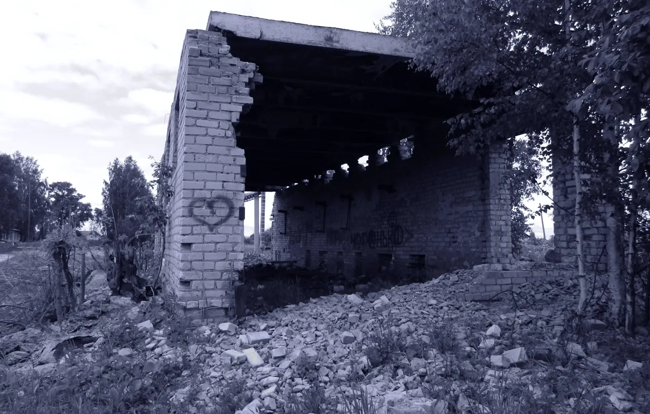 Photo wallpaper heart, black and white, ruins