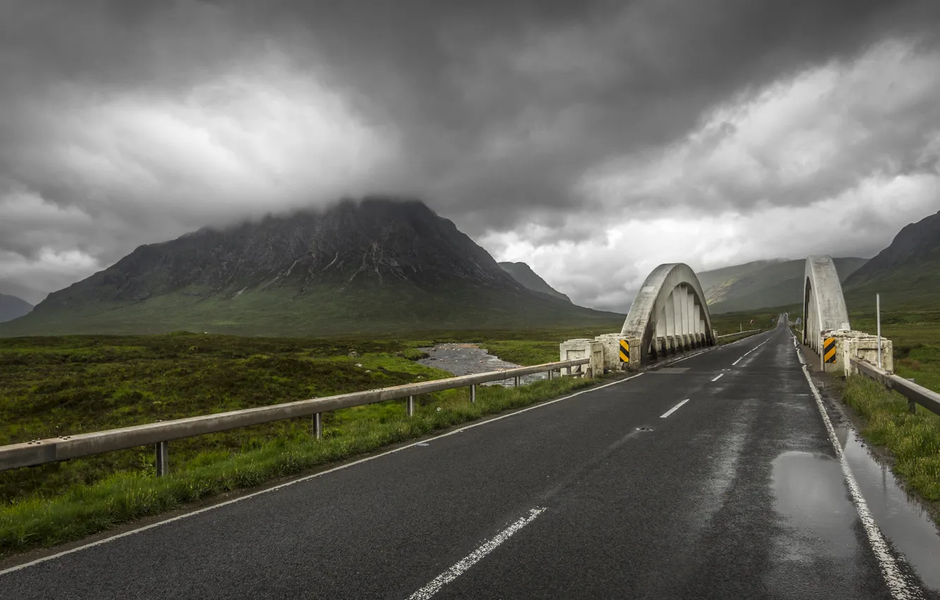 Photo wallpaper road, mountains, clouds, bridge, Scotland, Scotland