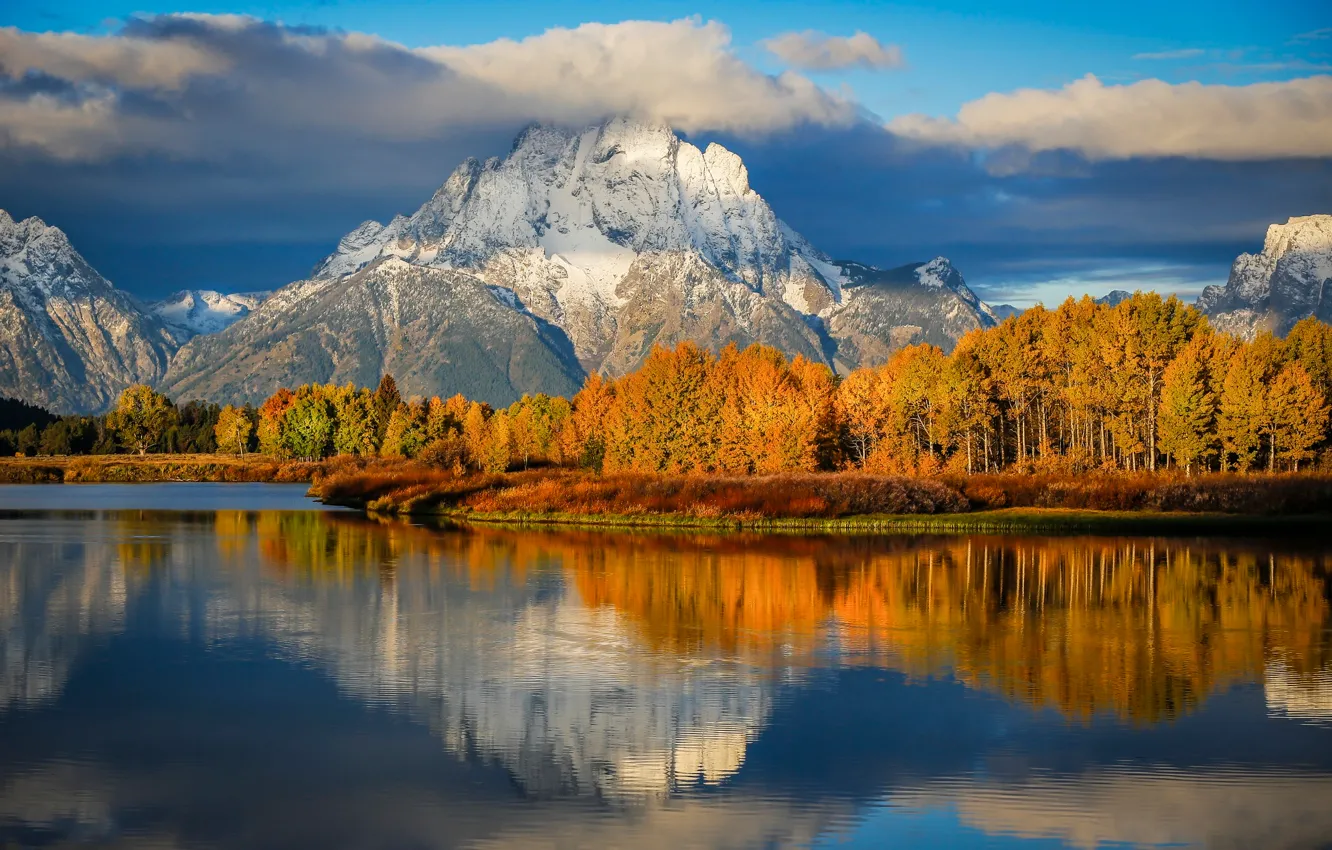Photo wallpaper autumn, morning, Wyoming, USA, state, national Park Grand Teton, Oxbow Bend
