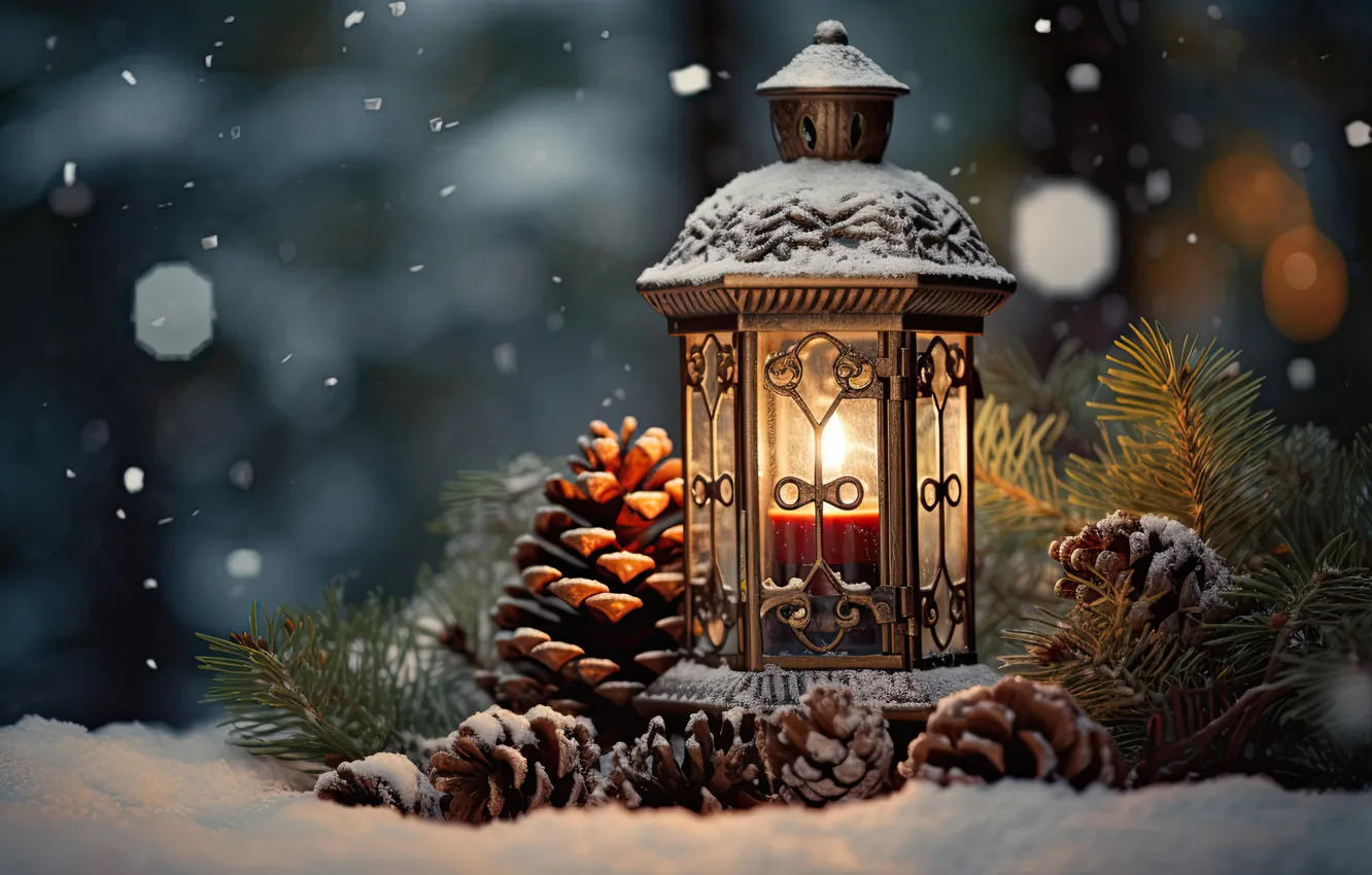 Photo wallpaper winter, snow, decoration, night, new year, Christmas, lights, light