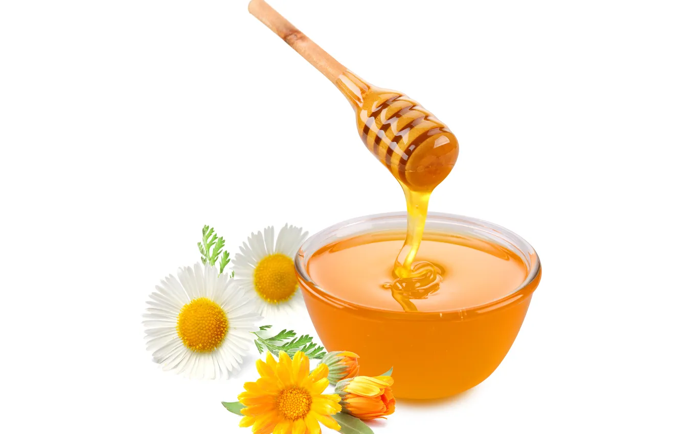 Photo wallpaper flowers, honey, sweet, honey, honey dipper, plate