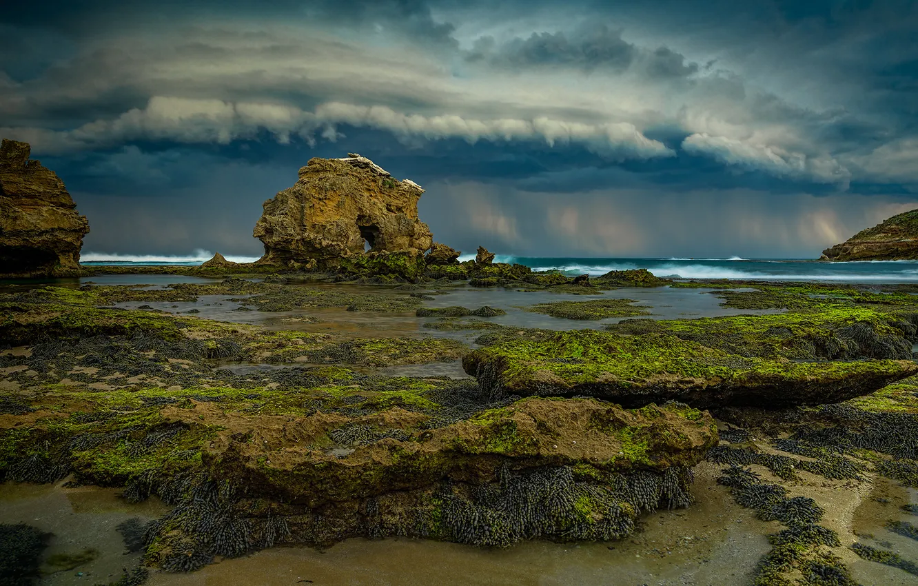 Photo wallpaper sea, the storm, wave, clouds, stones, pool, mucus