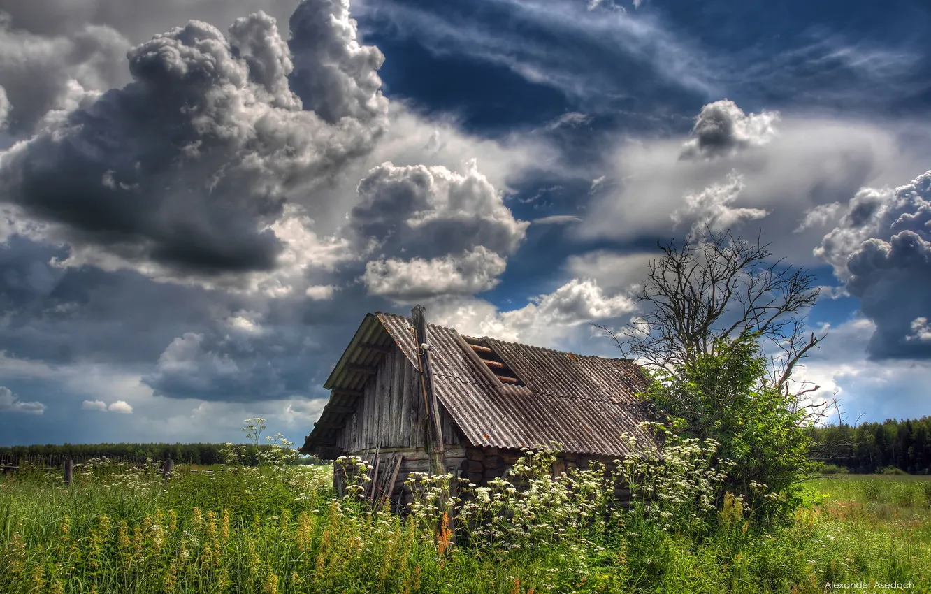 Photo wallpaper the sky, clouds, village, the barn
