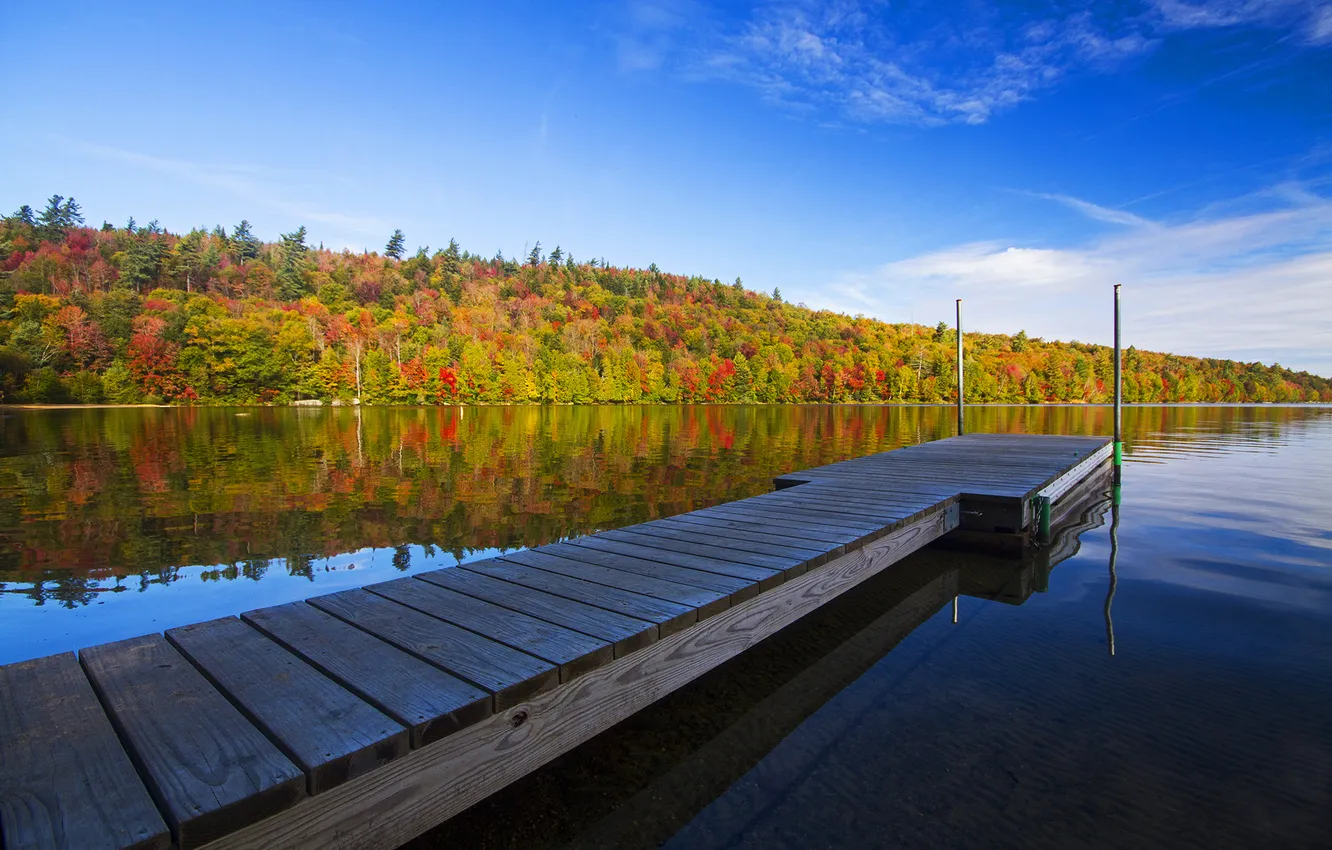 Photo wallpaper the sky, clouds, trees, lake, reflection, mirror, deck, the shore of the lake