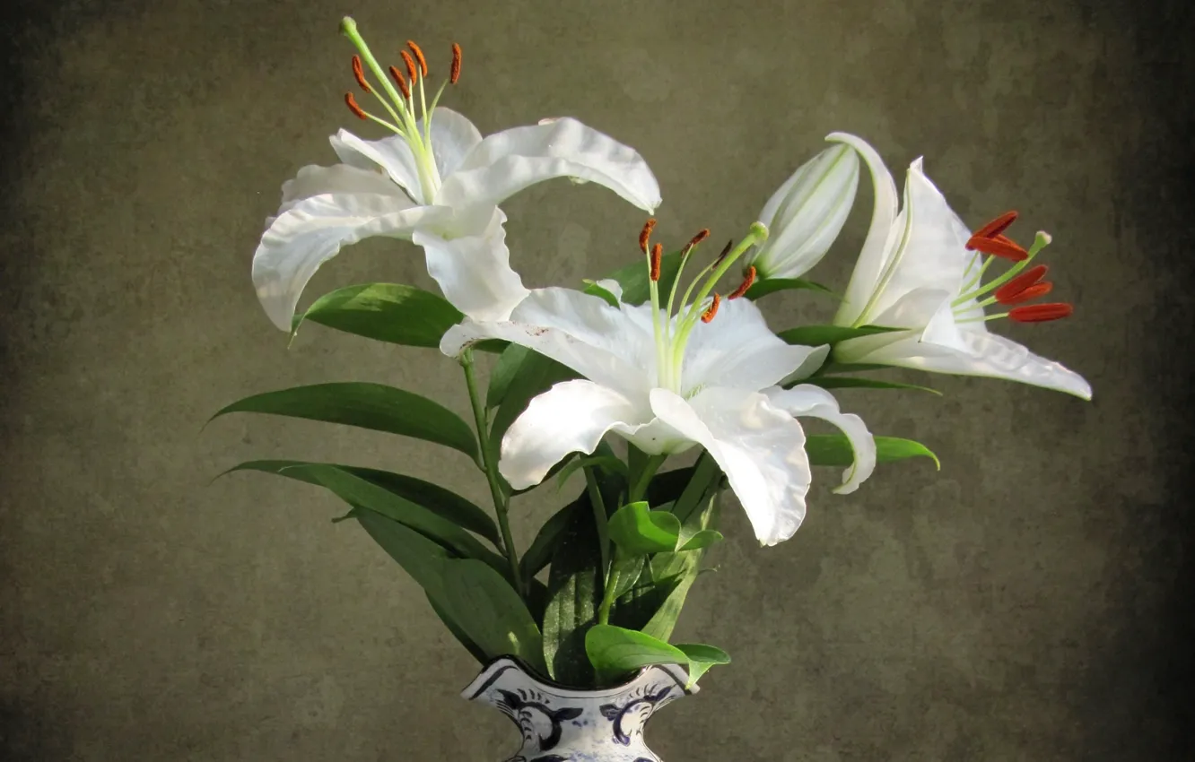 Photo wallpaper flowers, vase, white lilies