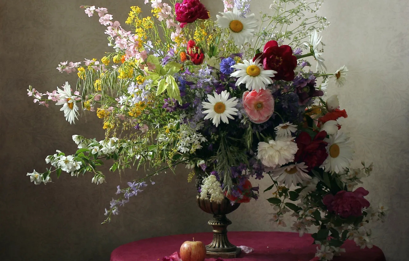 Photo wallpaper apples, Maki, chamomile, bouquet, peonies, Jasmine