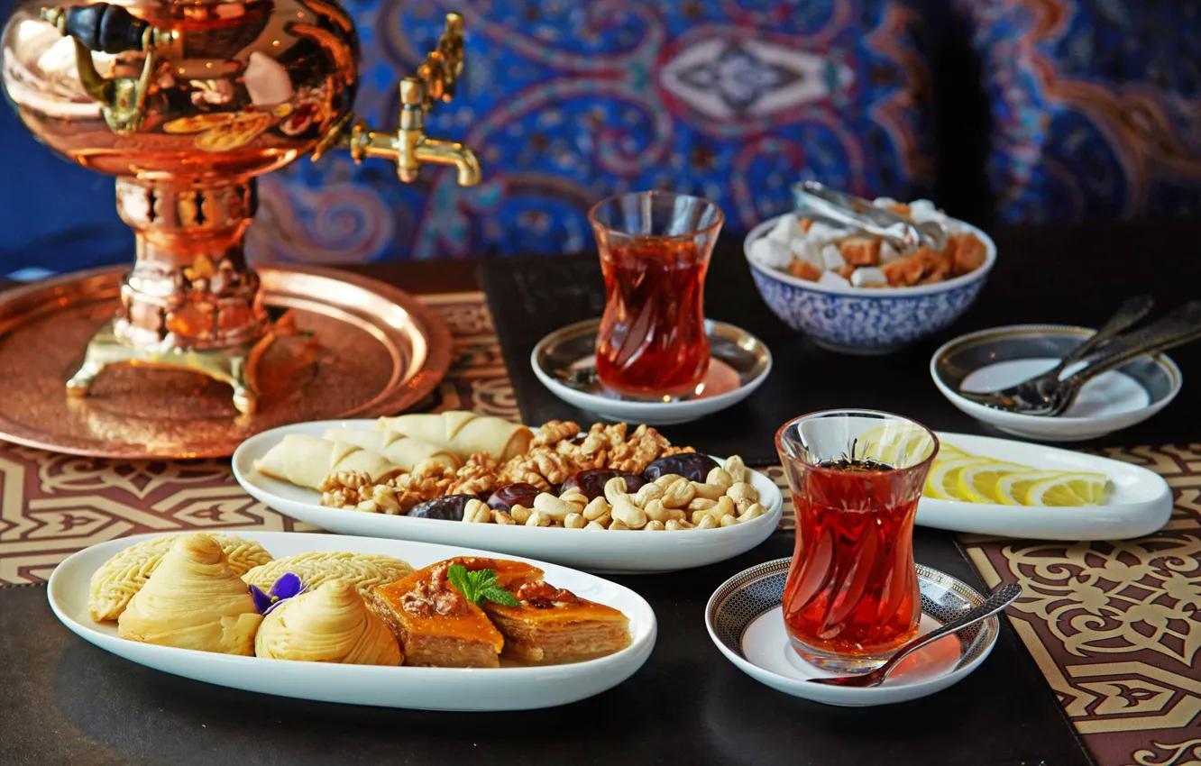 Photo wallpaper tea, sweets, nuts, baklava
