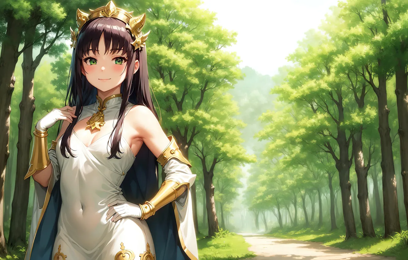 Photo wallpaper girl, green eyes, dress, nature, anime, pathway, painting, digital art