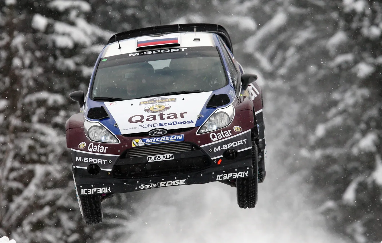 Photo wallpaper Ford, Winter, Snow, Forest, Machine, Flight, WRC, Rally
