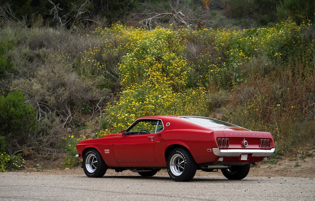 Photo wallpaper car, Mustang, Ford, Muscle, 1969, red, Classic, Boss