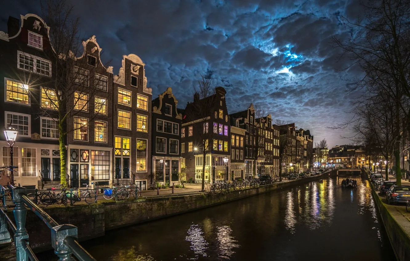 Photo wallpaper clouds, night, bike, the city, home, lighting, Amsterdam, lights