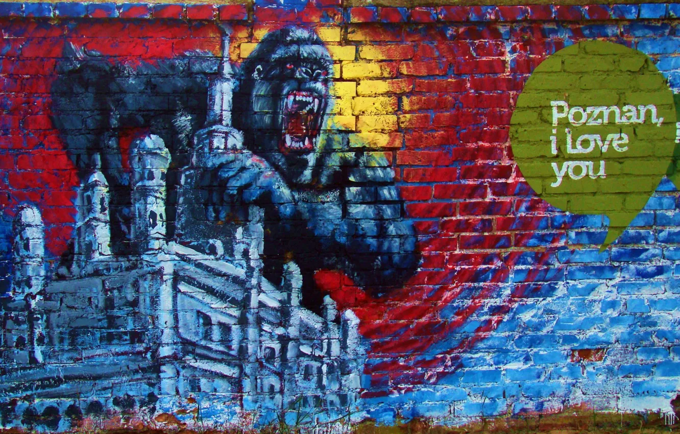 Photo wallpaper the city, wall, figure, gorilla, grafiti