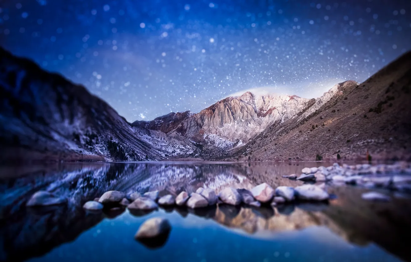 Photo wallpaper mountains, night, morning, USA, bokeh, tilt shift, Convict Lake, Sierra Nevada in California